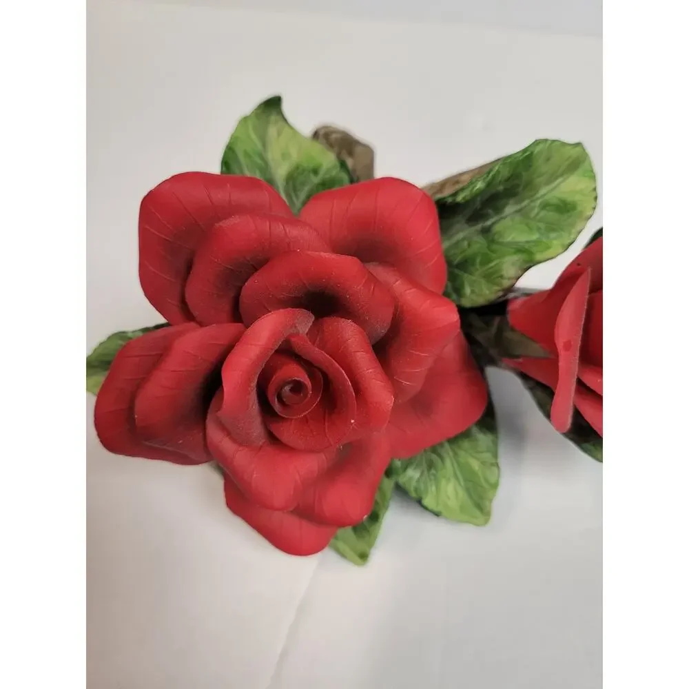 Red Ceramic Rose Figurine Handpainted & Two Resin Rose Magnets Decor